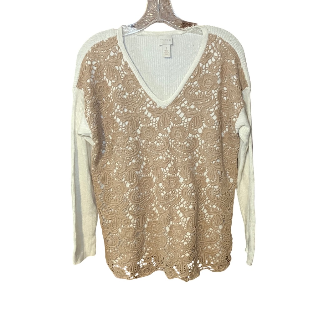 Chico's Crochet Lace Overlay Sweater Women's Size 1 White Tan V-Neck Knit Slit
